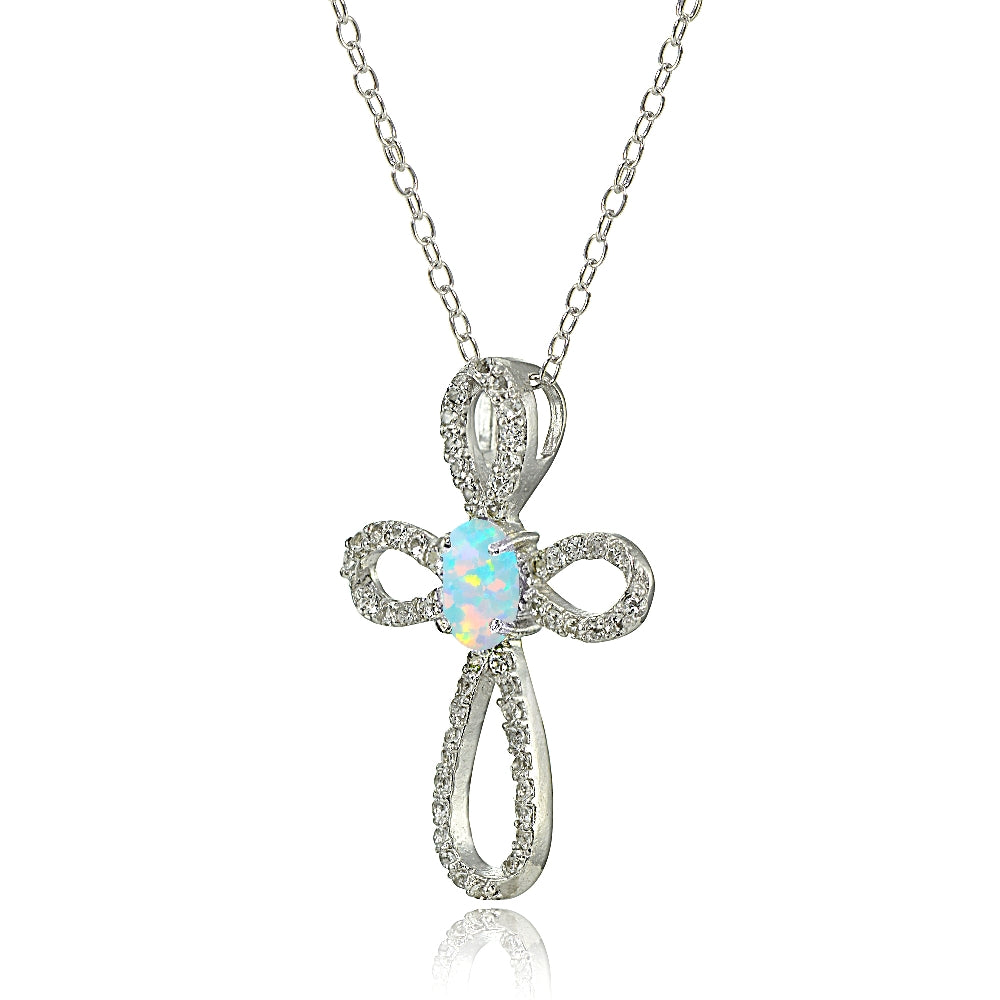 Sterling Silver Created White Opal & White Topaz Infinity Cross Necklace-2