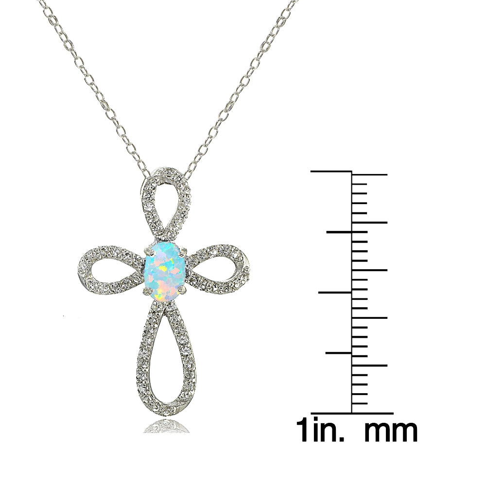 Sterling Silver Created White Opal & White Topaz Infinity Cross Necklace-3