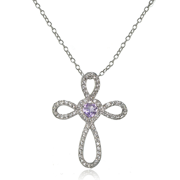 Sterling Silver Amethyst & White Topaz Heart Infinity Cross Necklace