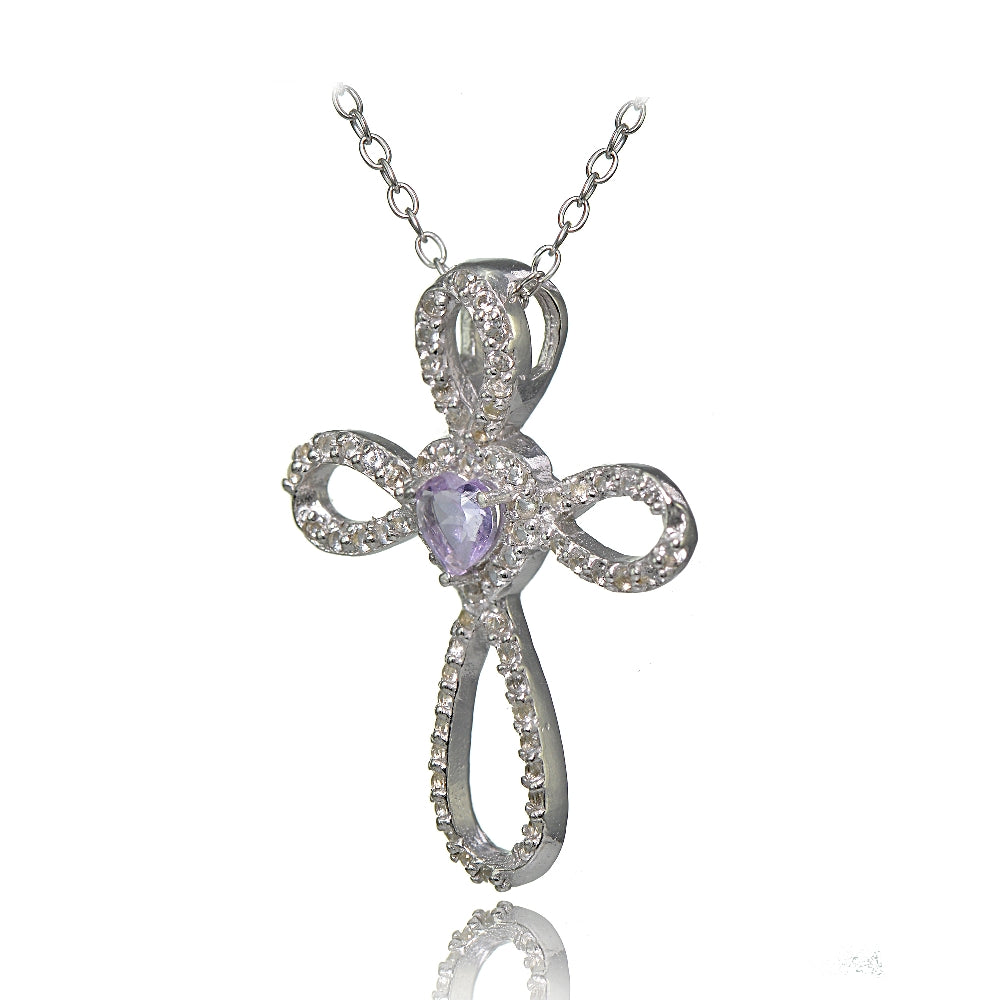 Sterling Silver Amethyst & White Topaz Heart Infinity Cross Necklace-2