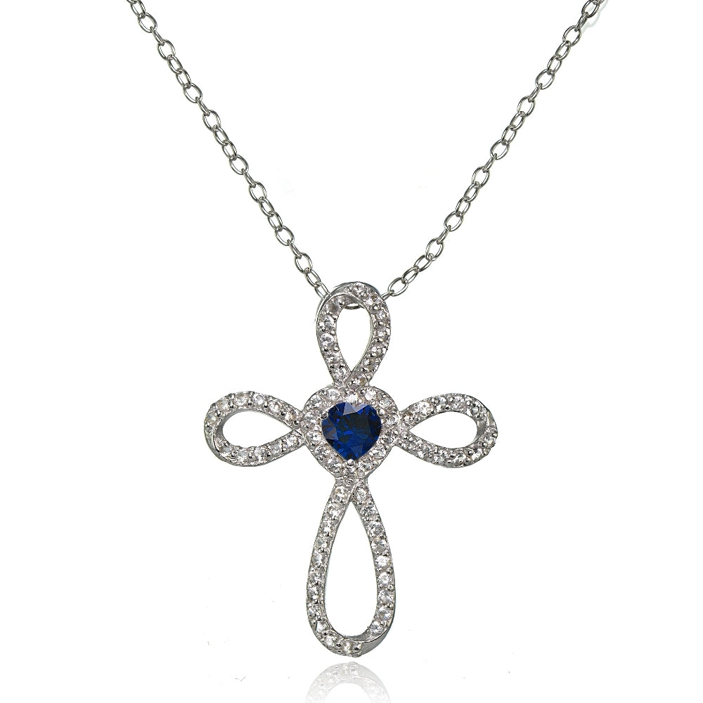 Sterling Silver Created Blue Sapphire  & White Topaz Heart Infinity Cross Necklace