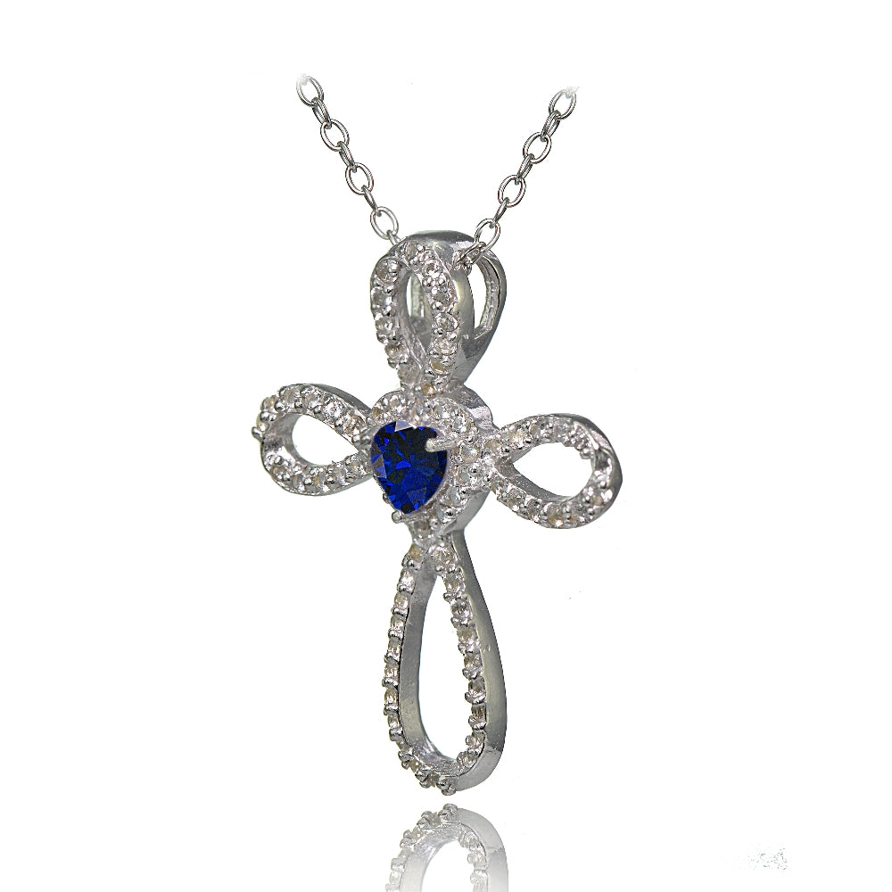 Sterling Silver Created Blue Sapphire  & White Topaz Heart Infinity Cross Necklace-2