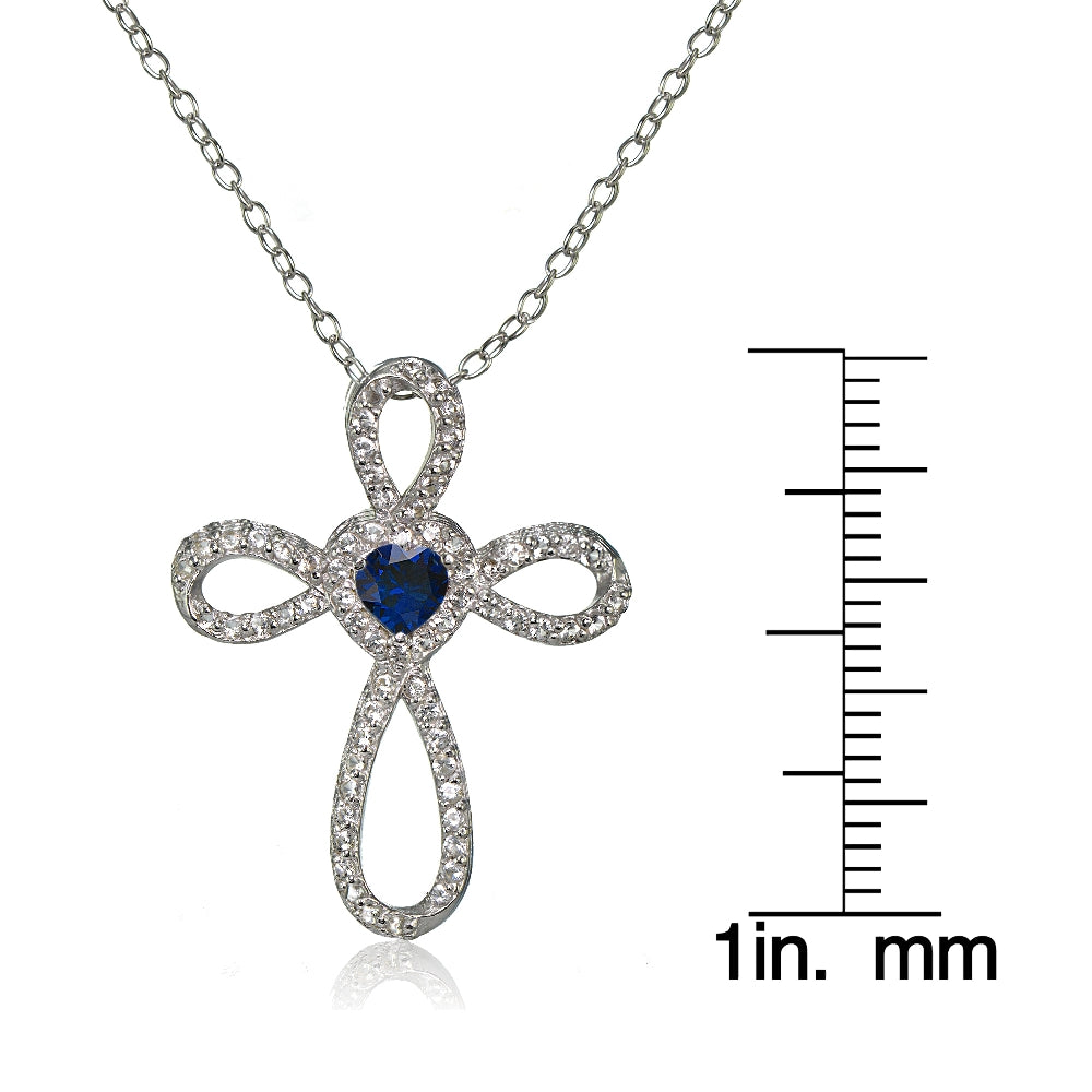 Sterling Silver Created Blue Sapphire  & White Topaz Heart Infinity Cross Necklace-3