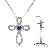 Sterling Silver Created Blue Sapphire  & White Topaz Heart Infinity Cross Necklace