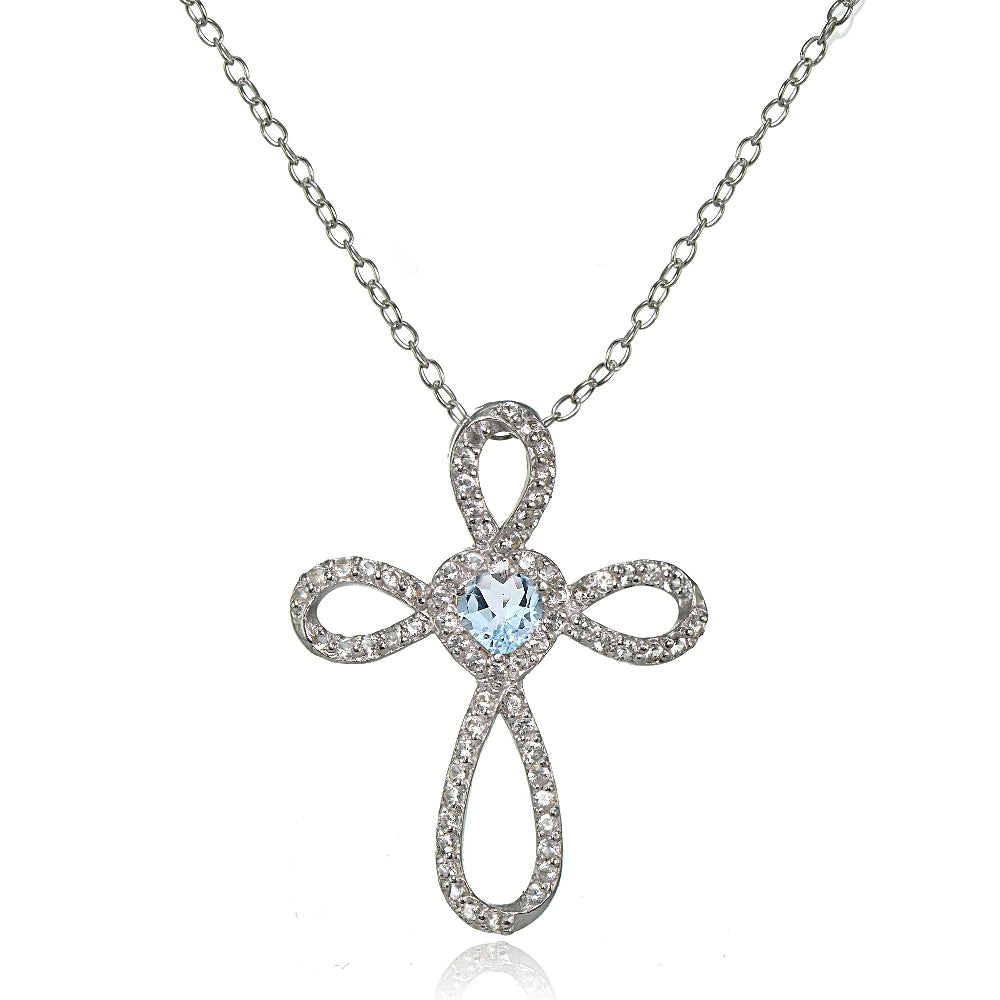 Sterling Silver Blue Topaz & White Topaz Heart Infinity Cross Necklace