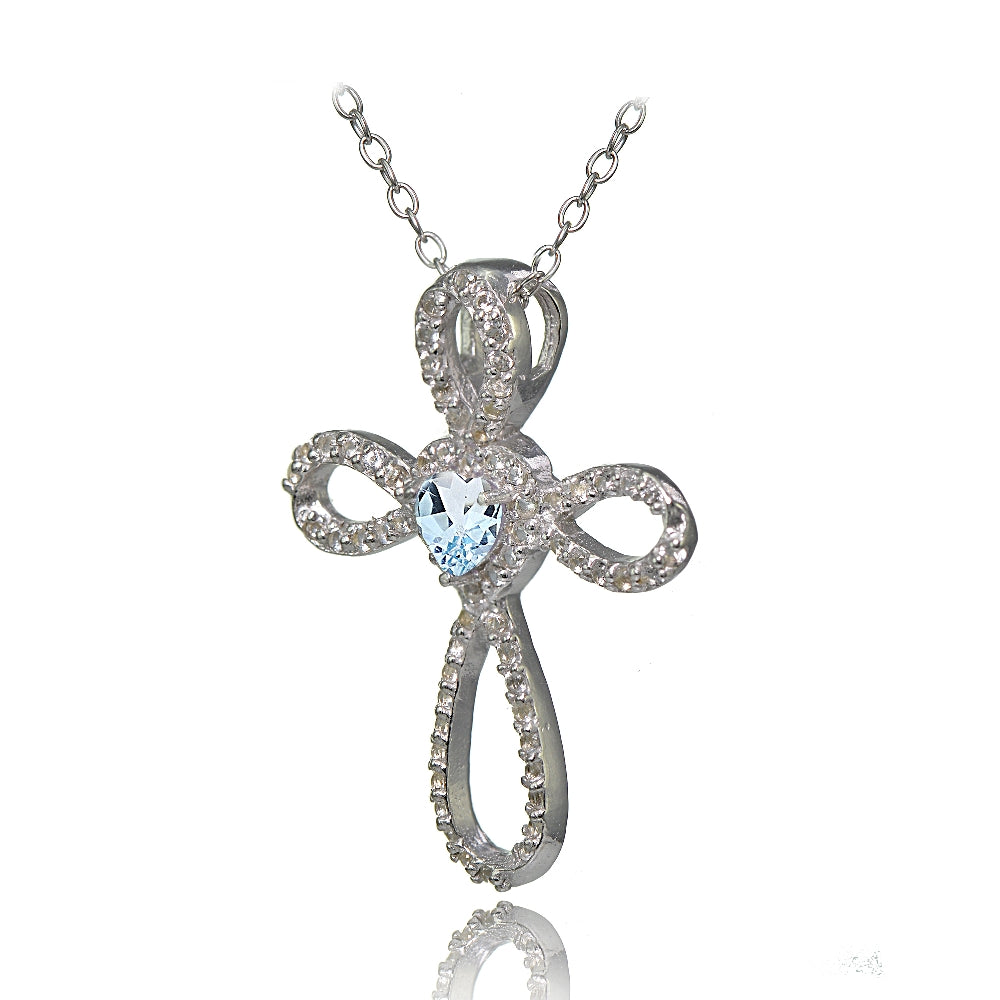 Sterling Silver Blue Topaz & White Topaz Heart Infinity Cross Necklace-2
