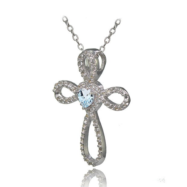 Sterling Silver Blue Topaz & White Topaz Heart Infinity Cross Necklace