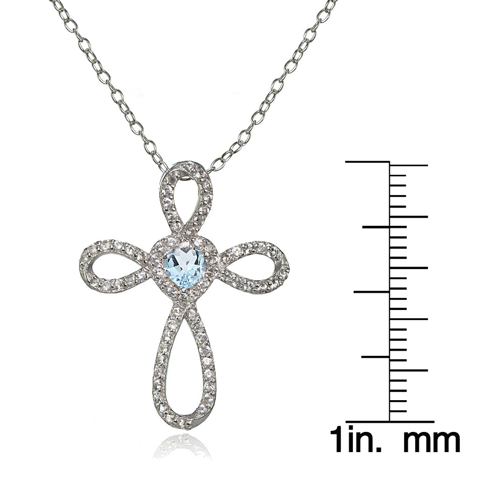 Sterling Silver Blue Topaz & White Topaz Heart Infinity Cross Necklace-3