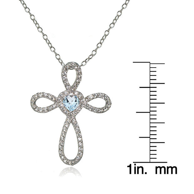 Sterling Silver Blue Topaz & White Topaz Heart Infinity Cross Necklace