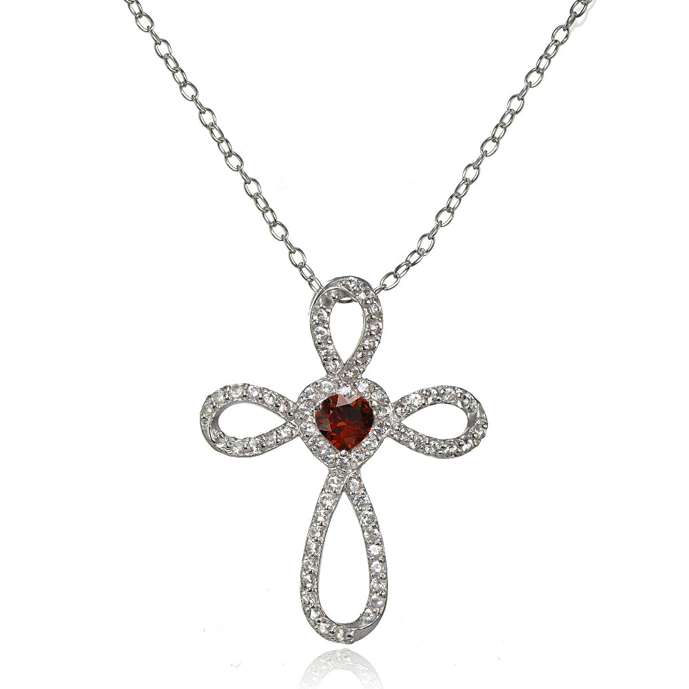 Sterling Silver Garnet & White Topaz Heart Infinity Cross Necklace