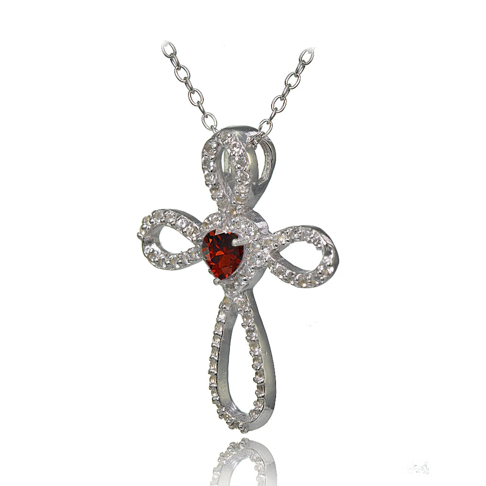 Sterling Silver Garnet & White Topaz Heart Infinity Cross Necklace-2