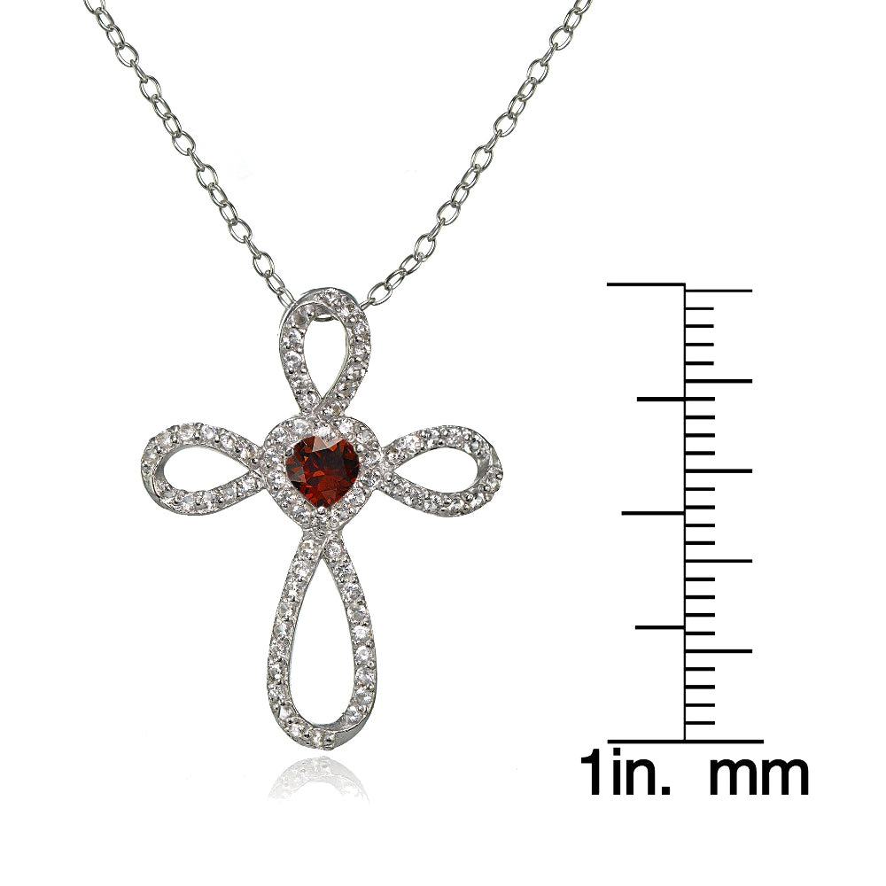 Sterling Silver Garnet & White Topaz Heart Infinity Cross Necklace-3