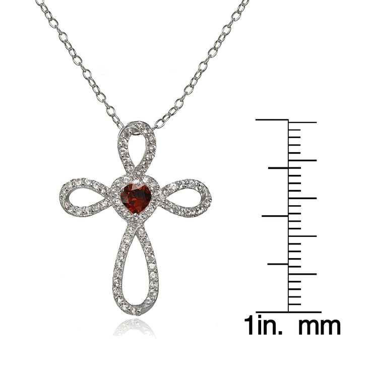Sterling Silver Garnet & White Topaz Heart Infinity Cross Necklace