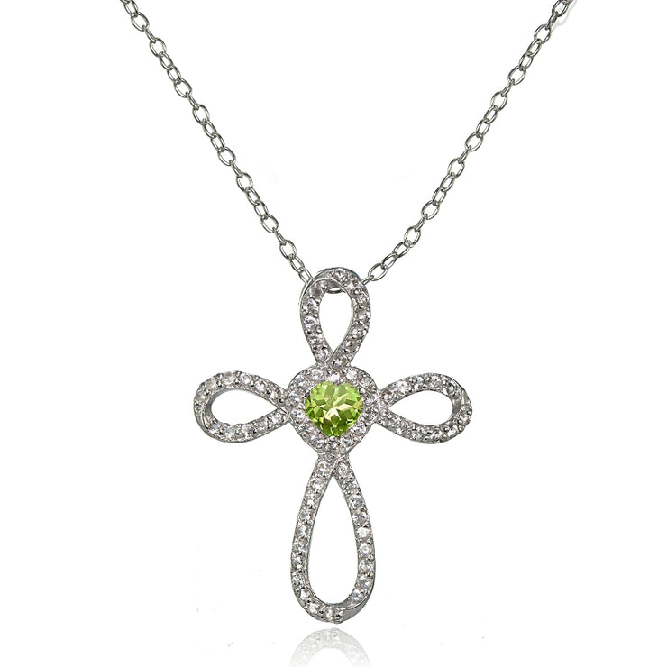 Sterling Silver Peridot & White Topaz Heart Infinity Cross Necklace