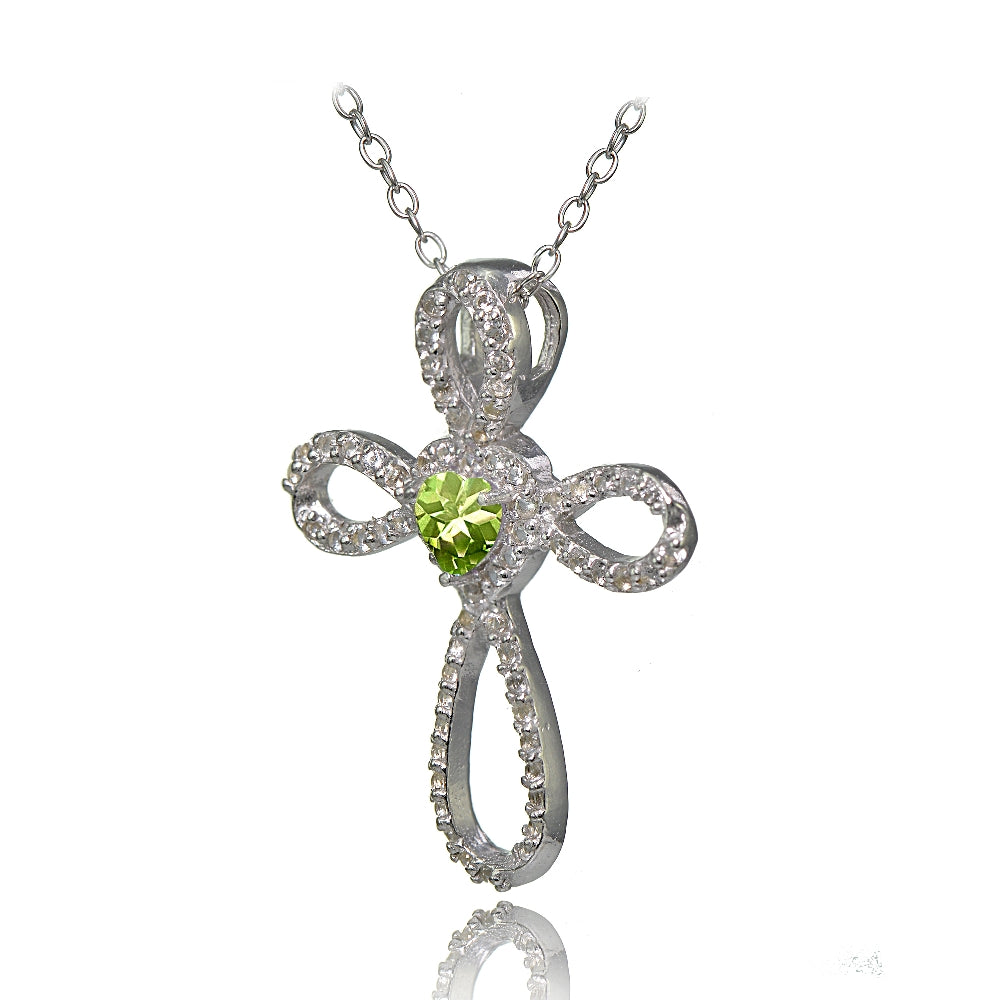 Sterling Silver Peridot & White Topaz Heart Infinity Cross Necklace-2