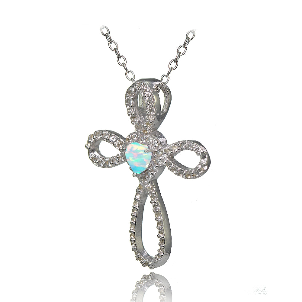 Sterling Silver Created White Opal & White Topaz Heart Infinity Cross Necklace-2