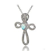 Sterling Silver Created White Opal & White Topaz Heart Infinity Cross Necklace