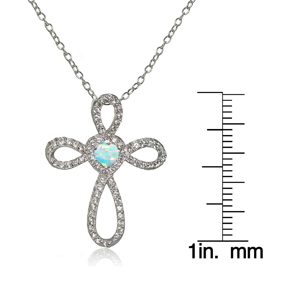 Sterling Silver Created White Opal & White Topaz Heart Infinity Cross Necklace-3