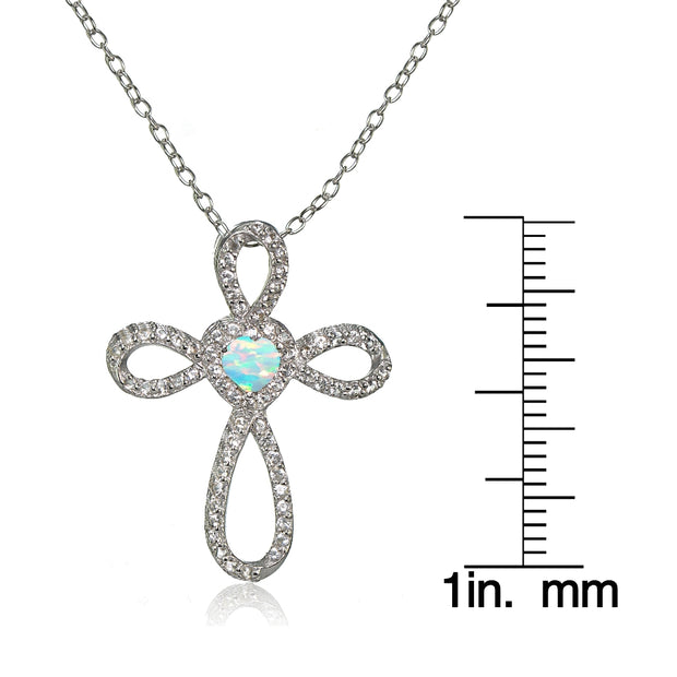 Sterling Silver Created White Opal & White Topaz Heart Infinity Cross Necklace
