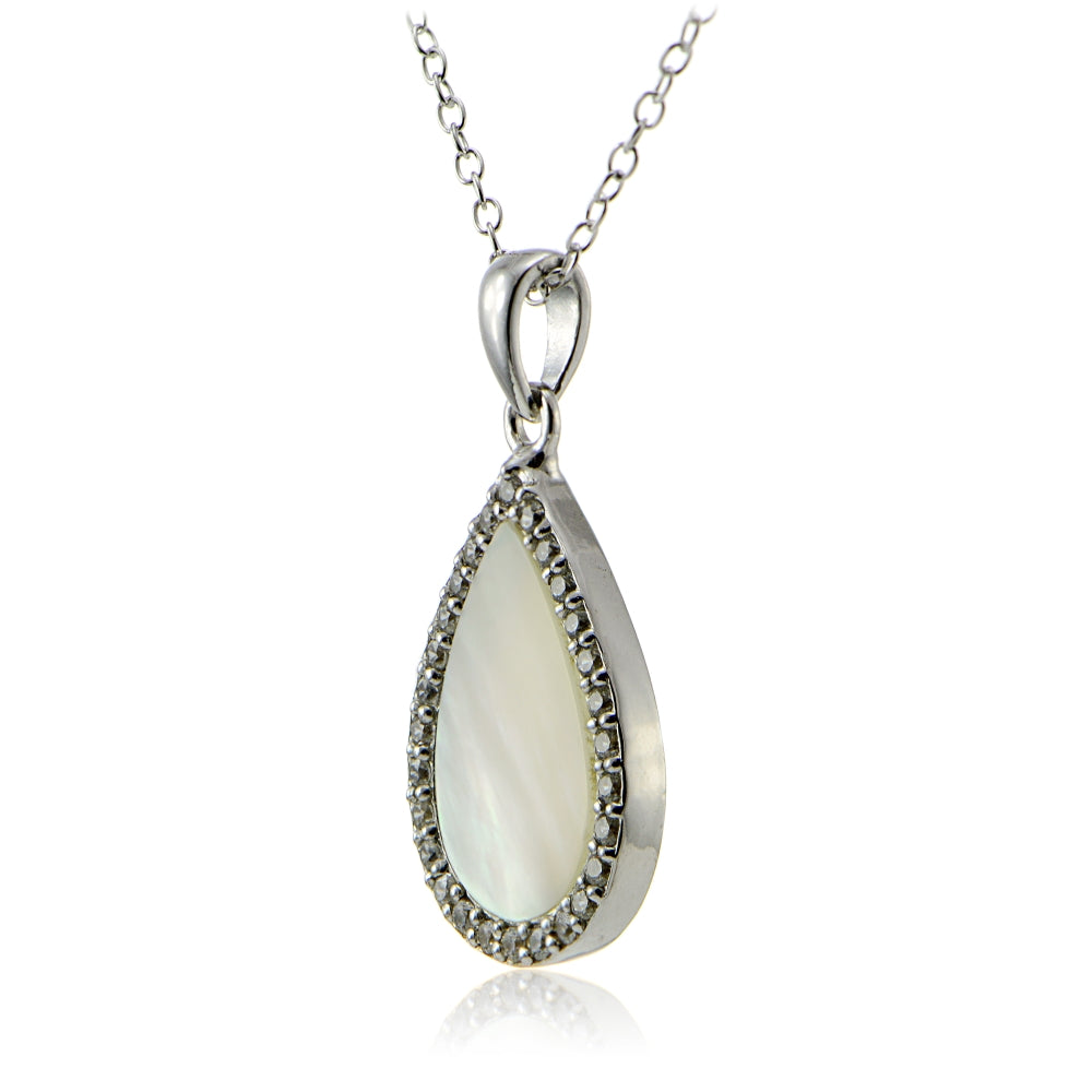 Sterling Silver Mother of Pearl and Cubic Zirconia Teardrop Necklace-2