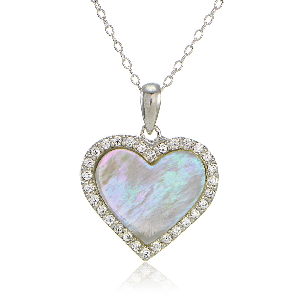 Sterling Silver Mother of Pearl and Cubic Zirconia Heart Necklace