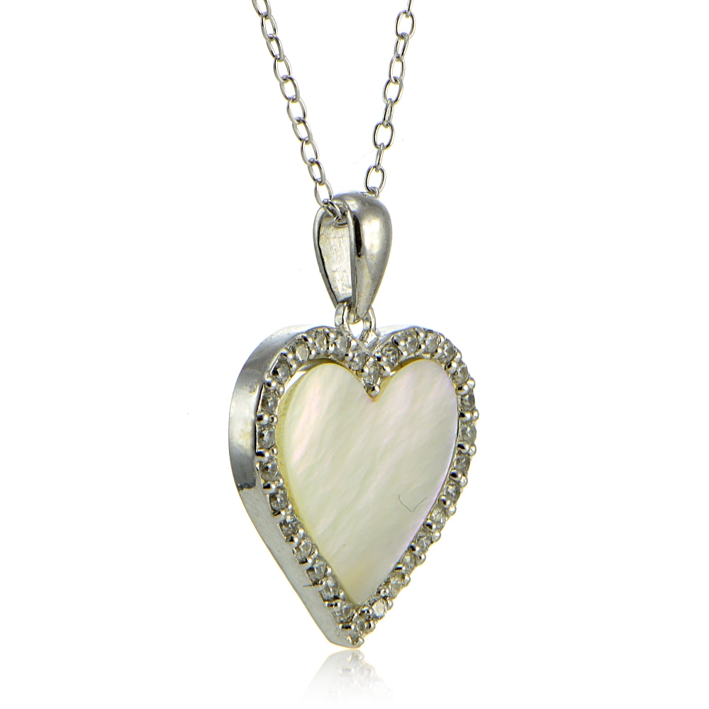 Sterling Silver Mother of Pearl and Cubic Zirconia Heart Necklace-2