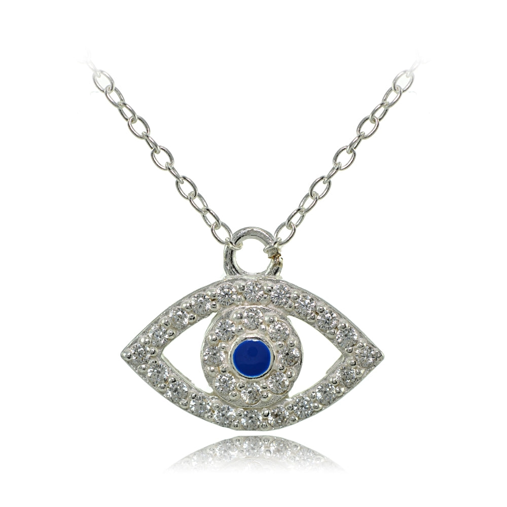 Sterling Silver Cubic Zirconia and Blue Enamel Evil Eye Necklace