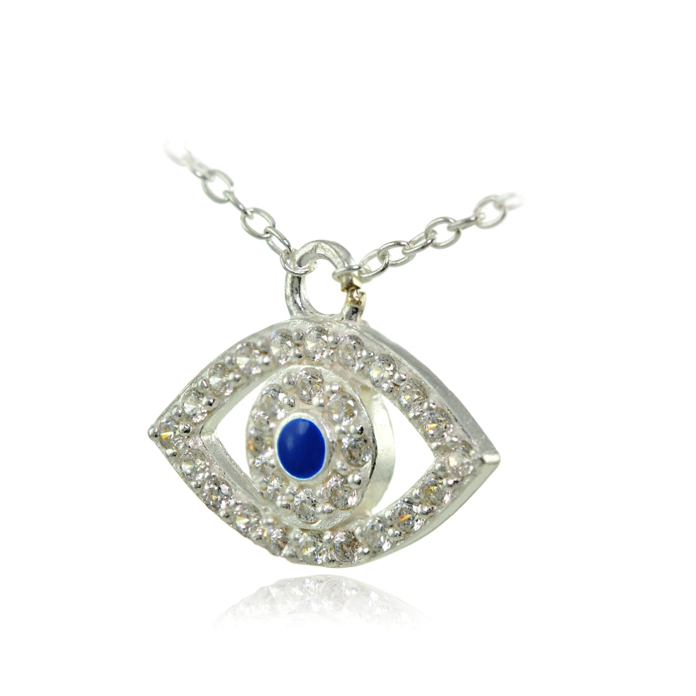 Sterling Silver Cubic Zirconia and Blue Enamel Evil Eye Necklace-2