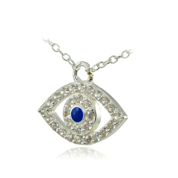 Sterling Silver Cubic Zirconia and Blue Enamel Evil Eye Necklace