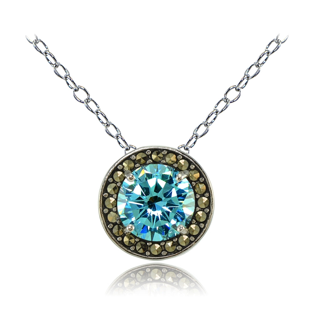 Sterling Silver Created Aquamarine and Marcasite Halo Necklace