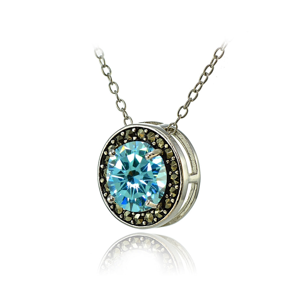 Sterling Silver Created Aquamarine and Marcasite Halo Necklace-2