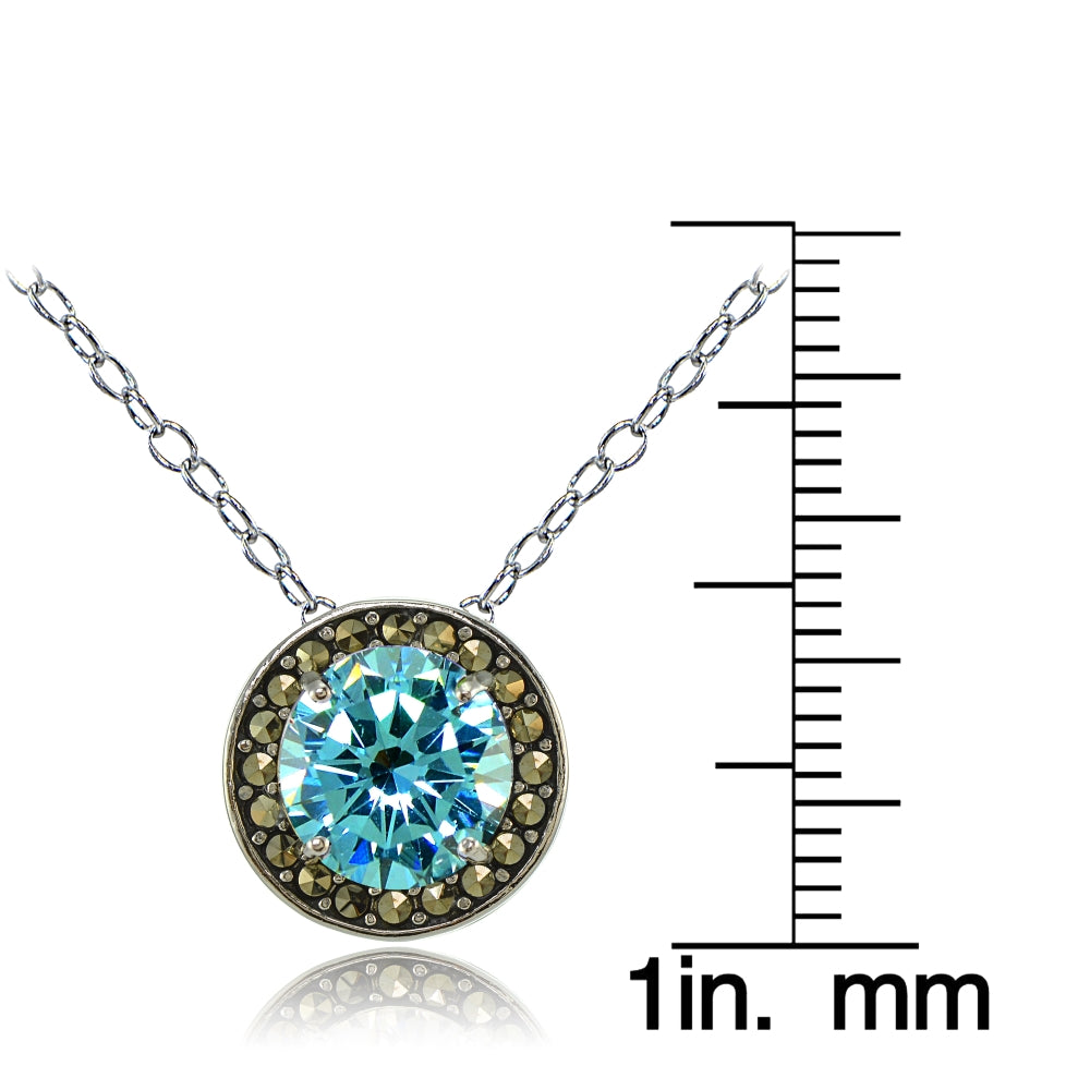 Sterling Silver Created Aquamarine and Marcasite Halo Necklace-3