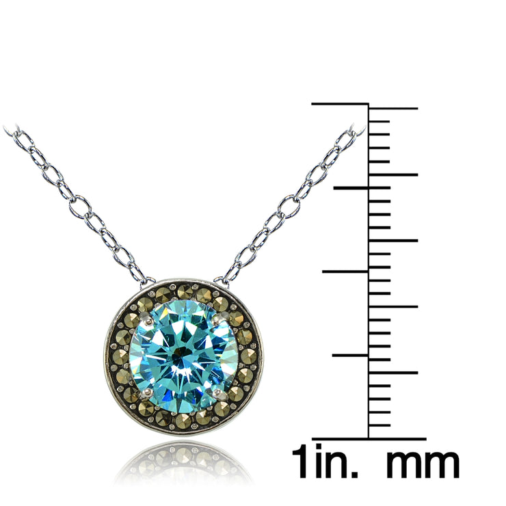 Sterling Silver Created Aquamarine and Marcasite Halo Necklace