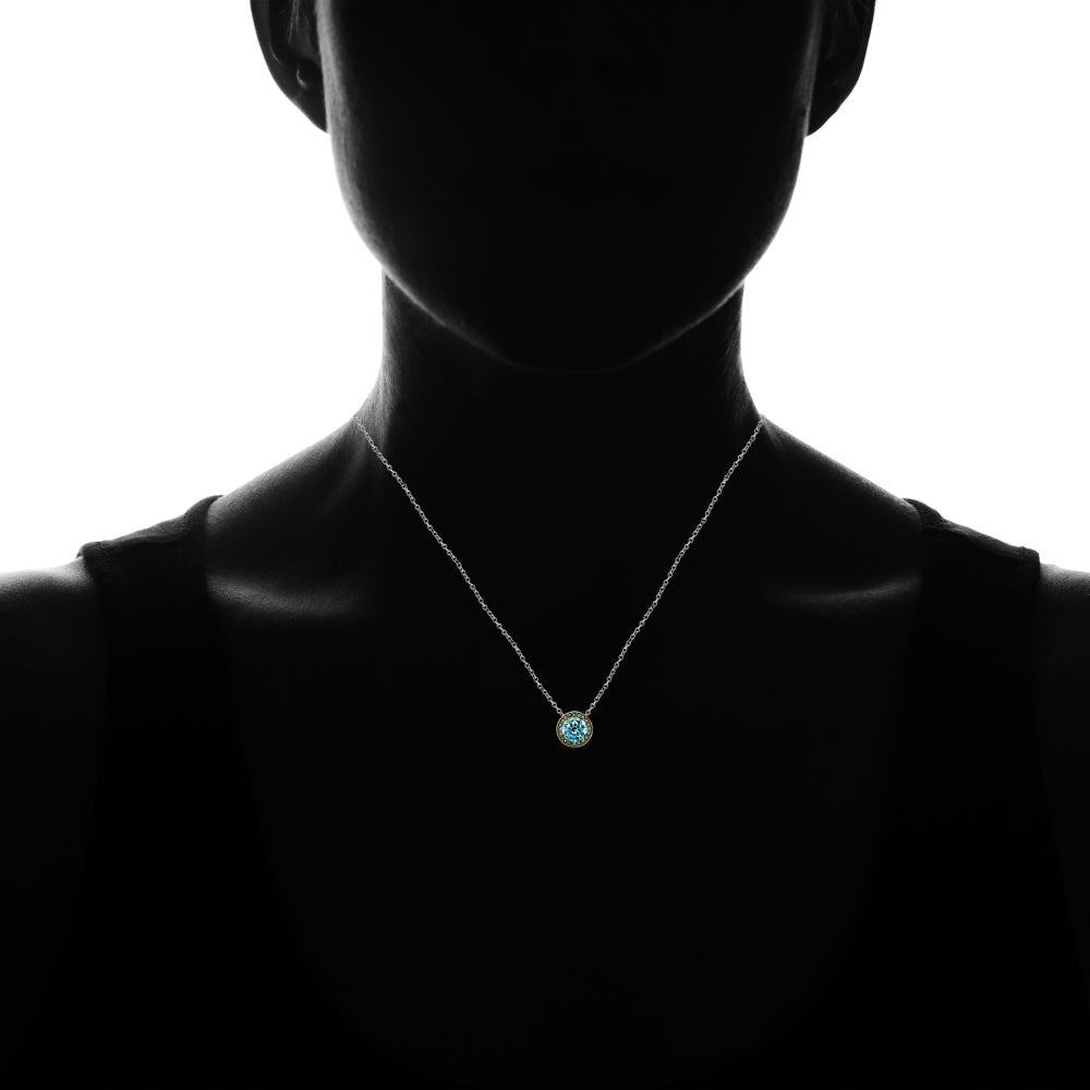 Sterling Silver Created Aquamarine and Marcasite Halo Necklace-4