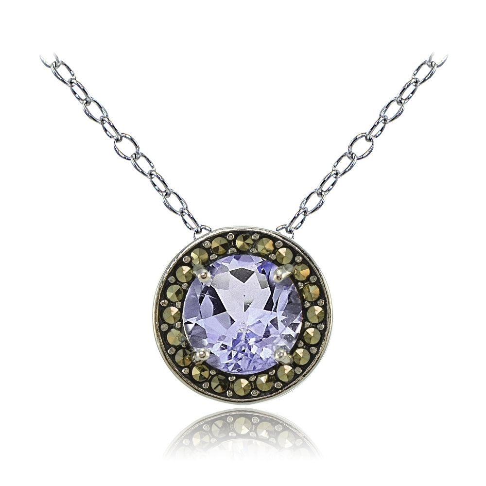 Sterling Silver Amethyst and Marcasite Halo Necklace