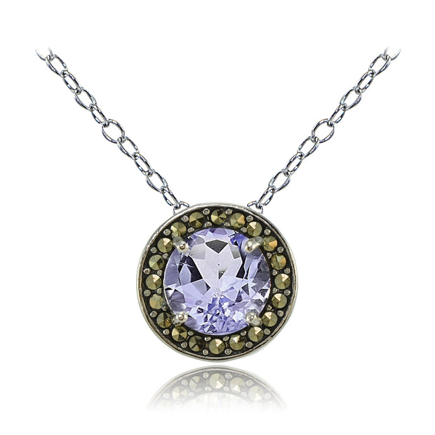Sterling Silver Amethyst and Marcasite Halo Necklace