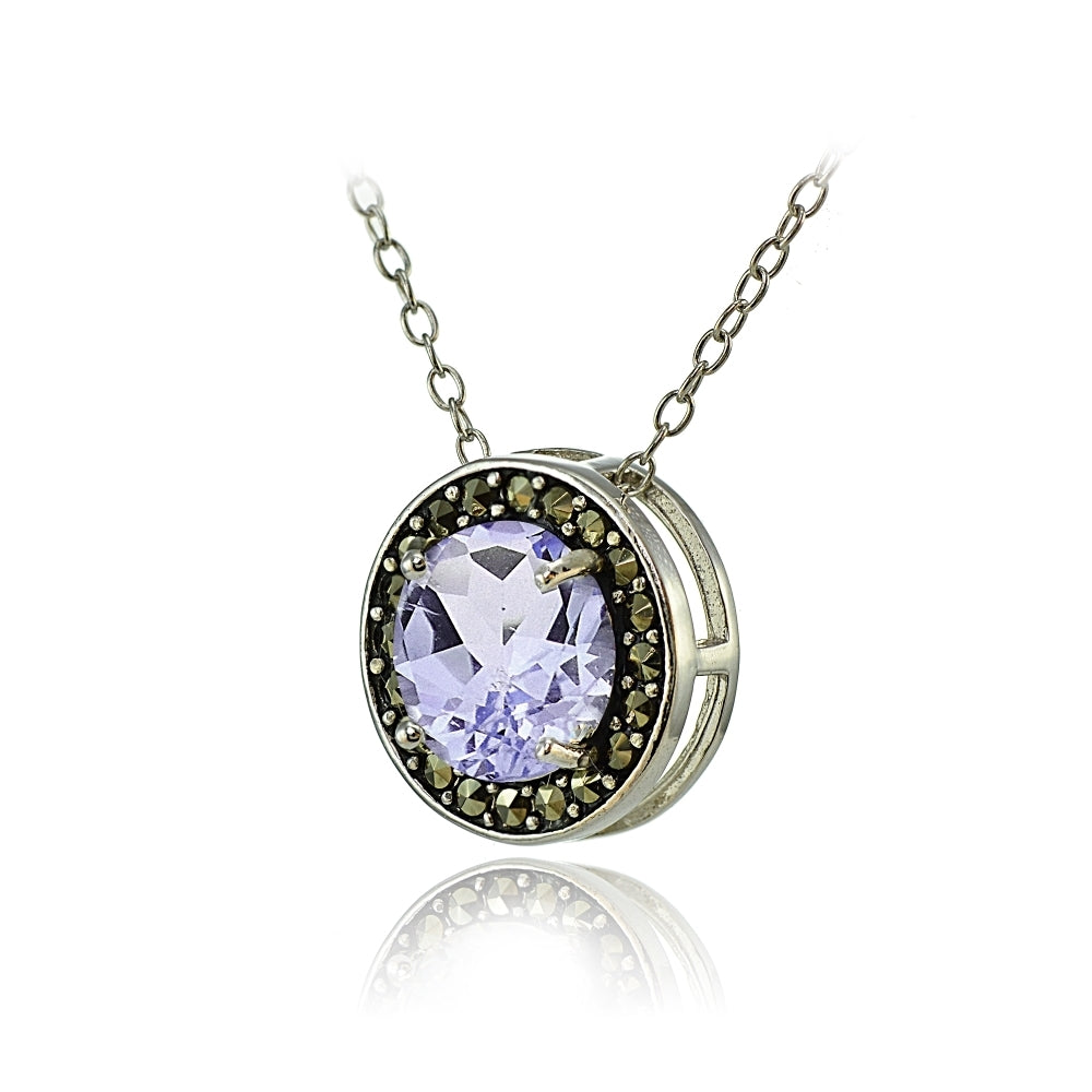 Sterling Silver Amethyst and Marcasite Halo Necklace-2