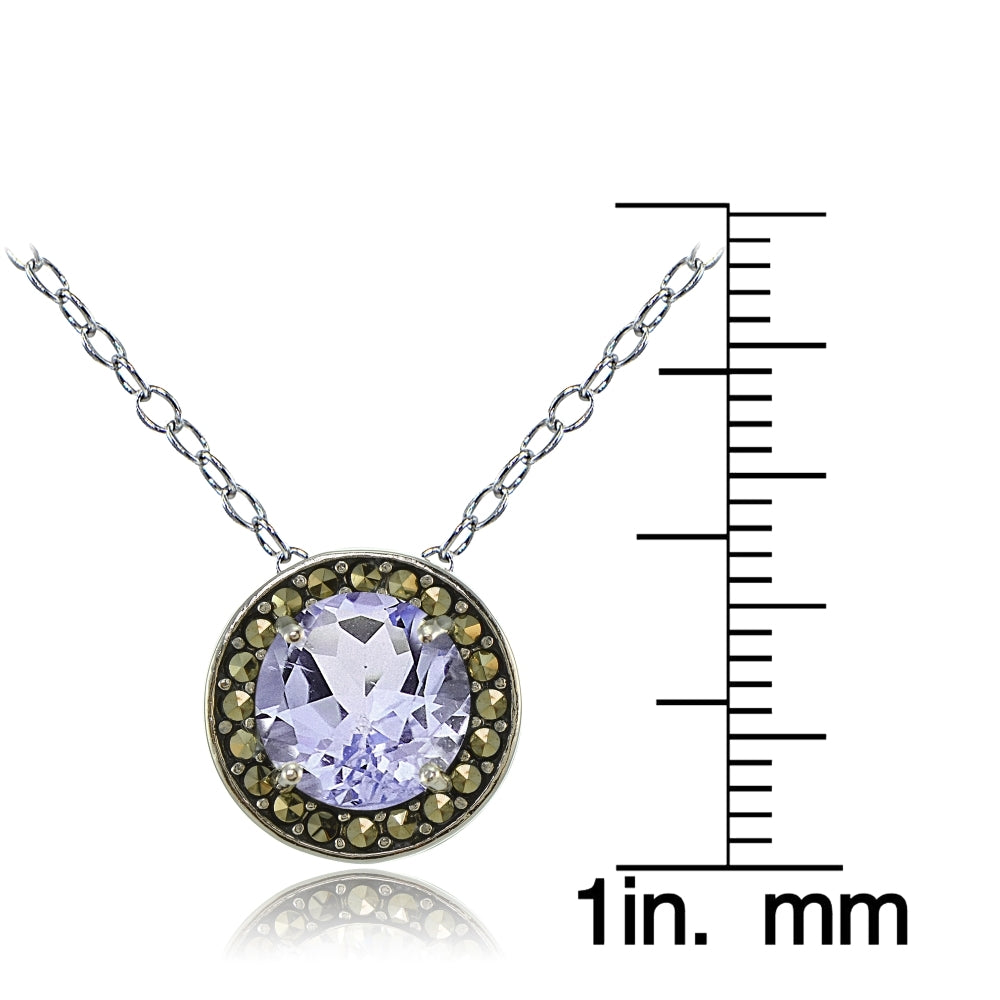 Sterling Silver Amethyst and Marcasite Halo Necklace-3