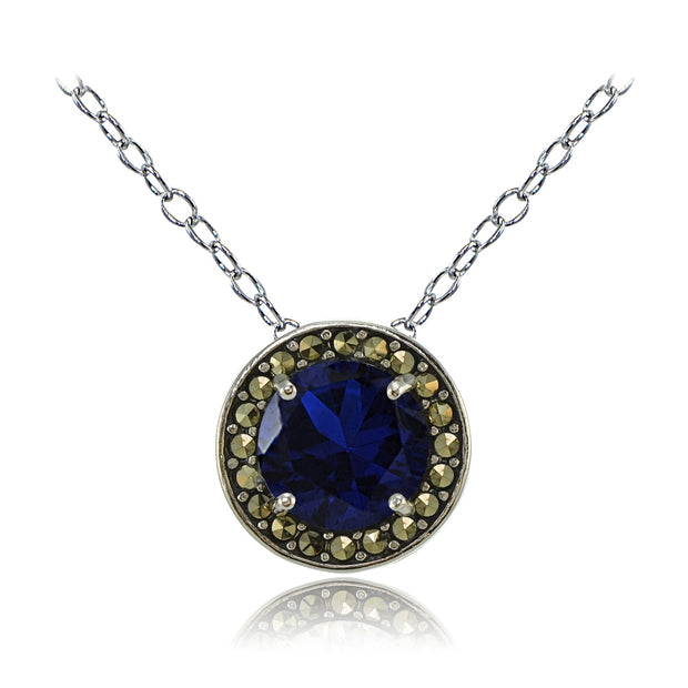 Sterling Silver Created Blue Sapphire and Marcasite Halo Necklace