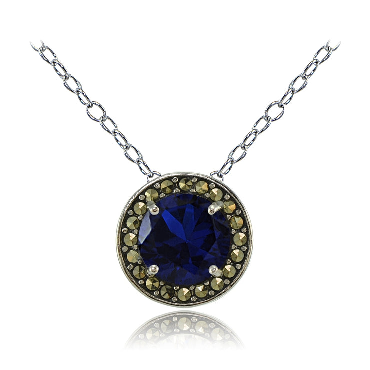 Sterling Silver Created Blue Sapphire and Marcasite Halo Necklace
