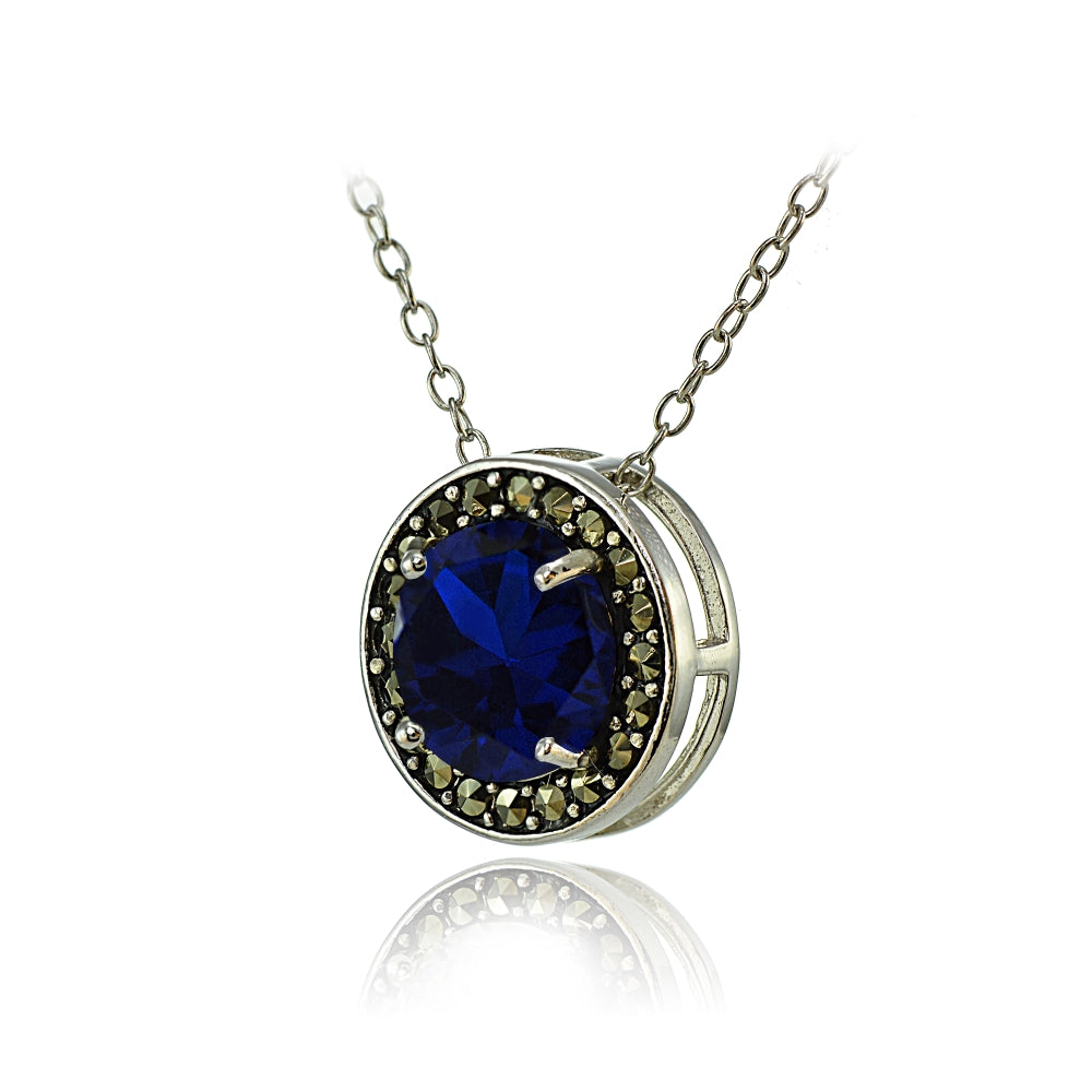 Sterling Silver Created Blue Sapphire and Marcasite Halo Necklace-2
