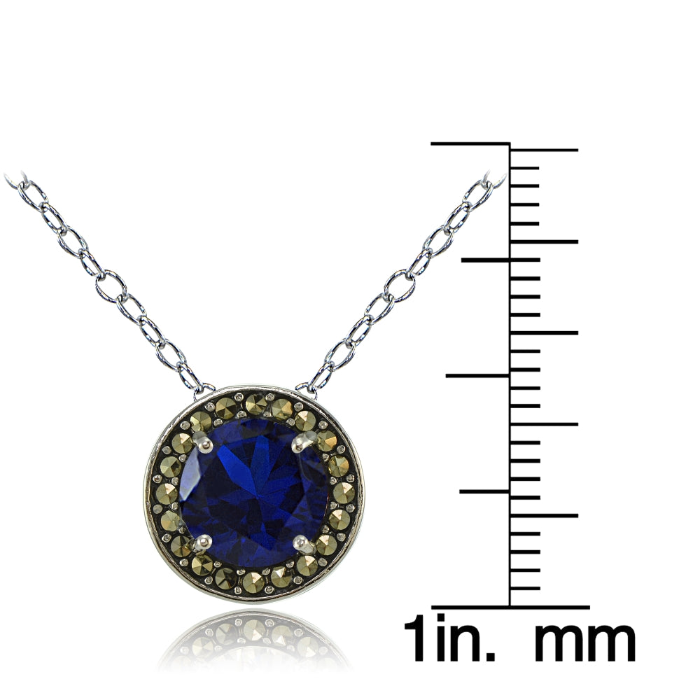 Sterling Silver Created Blue Sapphire and Marcasite Halo Necklace-3