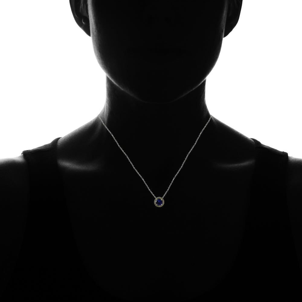 Sterling Silver Created Blue Sapphire and Marcasite Halo Necklace-4
