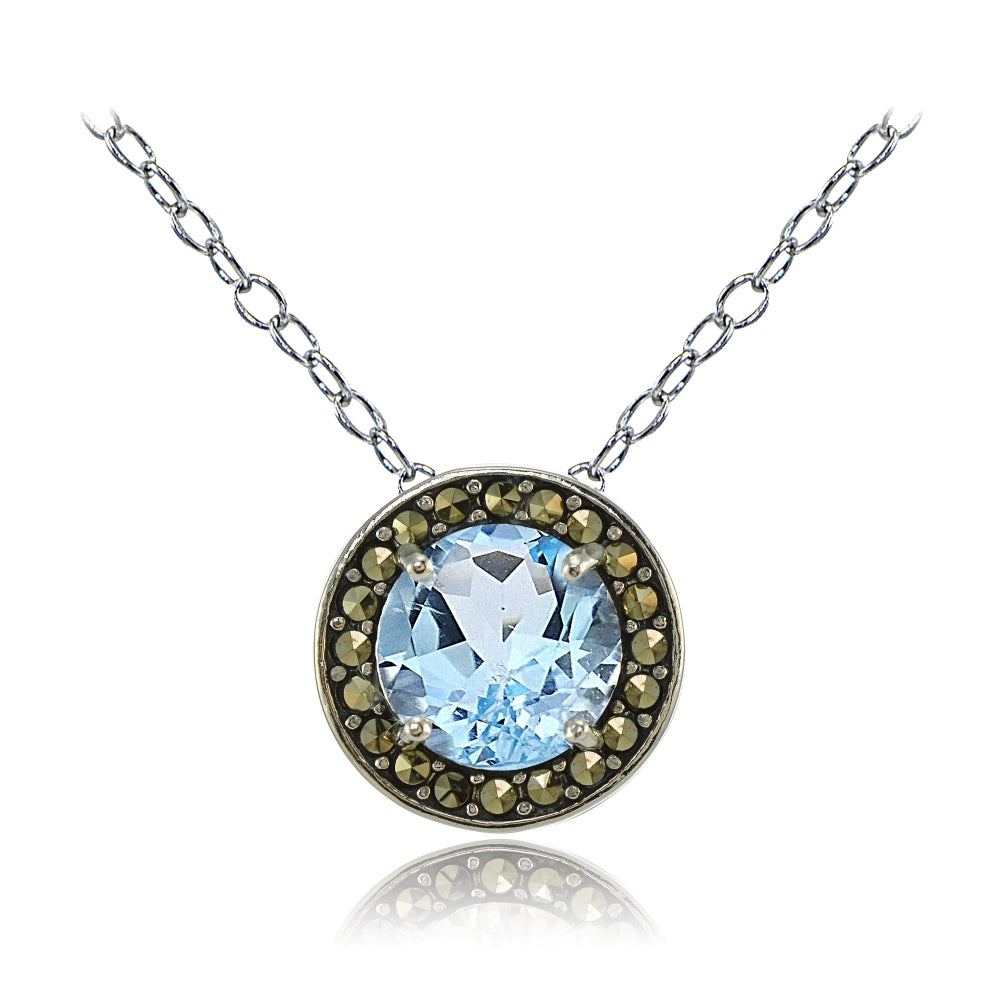 Sterling Silver Blue Topaz and Marcasite Halo Necklace