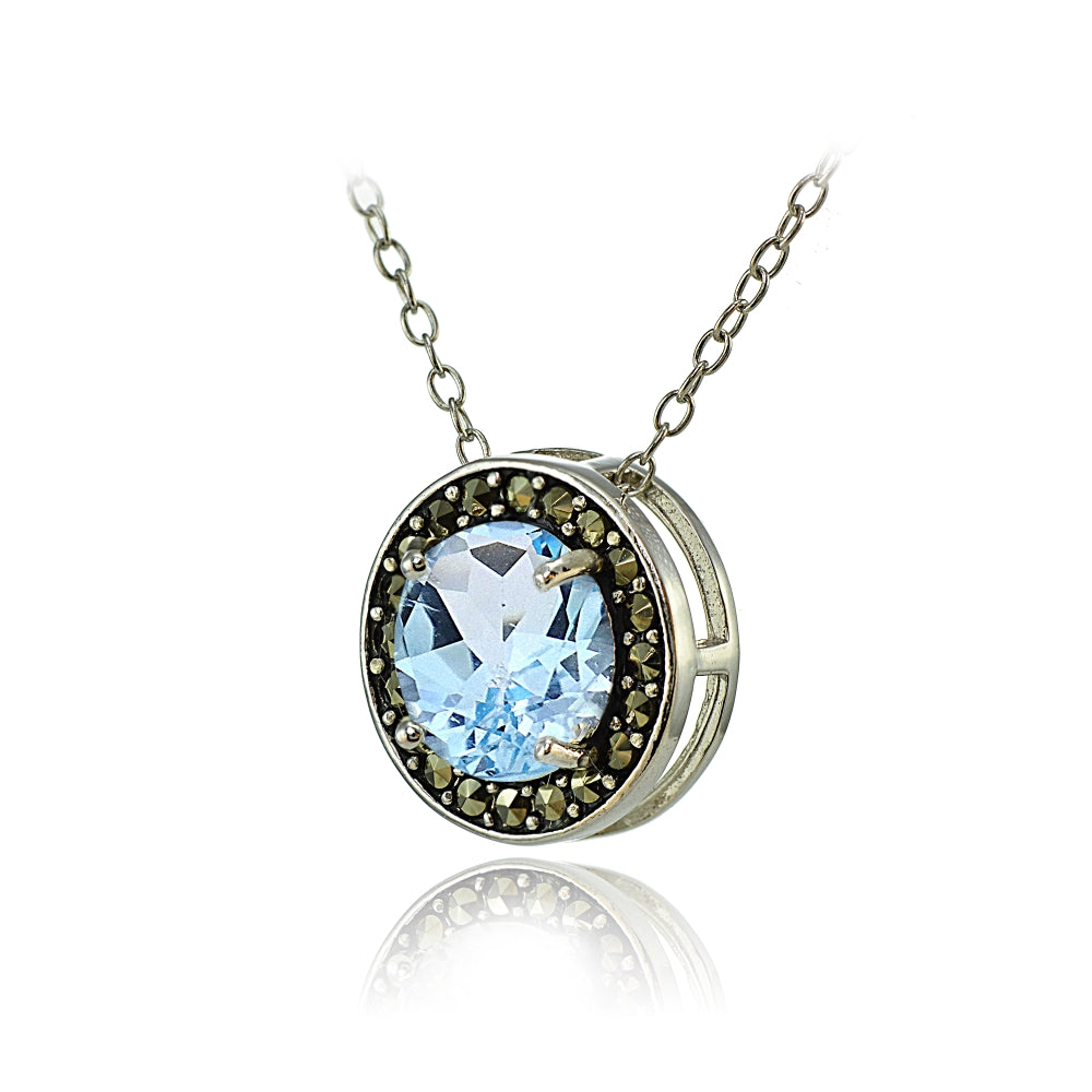 Sterling Silver Blue Topaz and Marcasite Halo Necklace-2