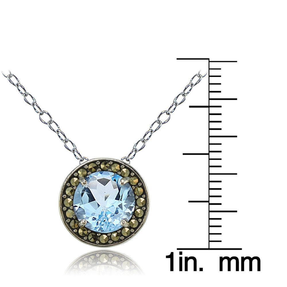 Sterling Silver Blue Topaz and Marcasite Halo Necklace-3