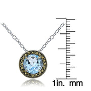 Sterling Silver Blue Topaz and Marcasite Halo Necklace