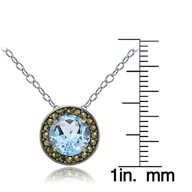 Sterling Silver Blue Topaz and Marcasite Halo Necklace