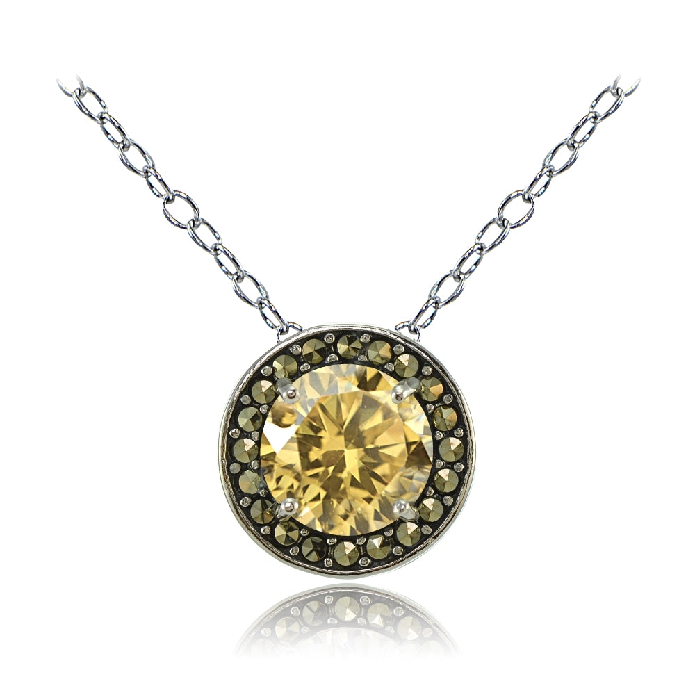 Sterling Silver Citrine and Marcasite Halo Necklace
