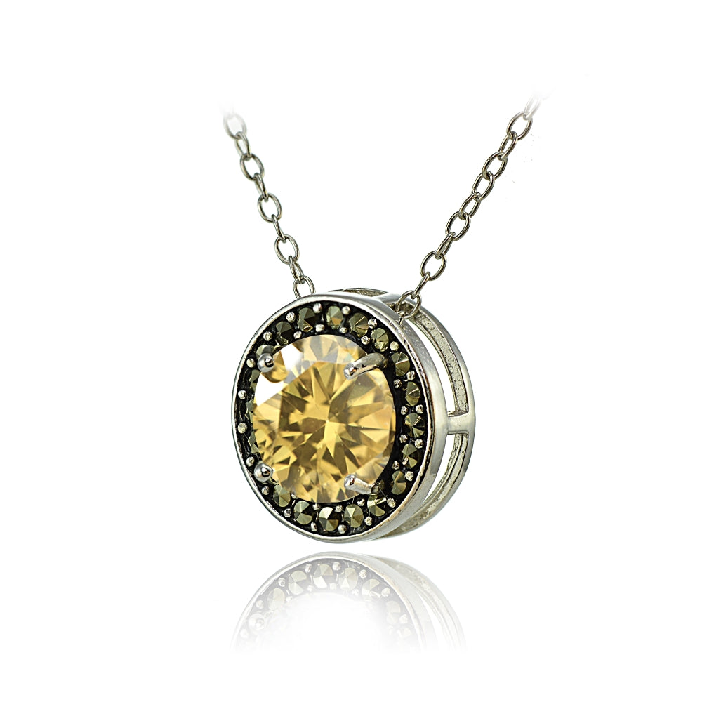 Sterling Silver Citrine and Marcasite Halo Necklace-2